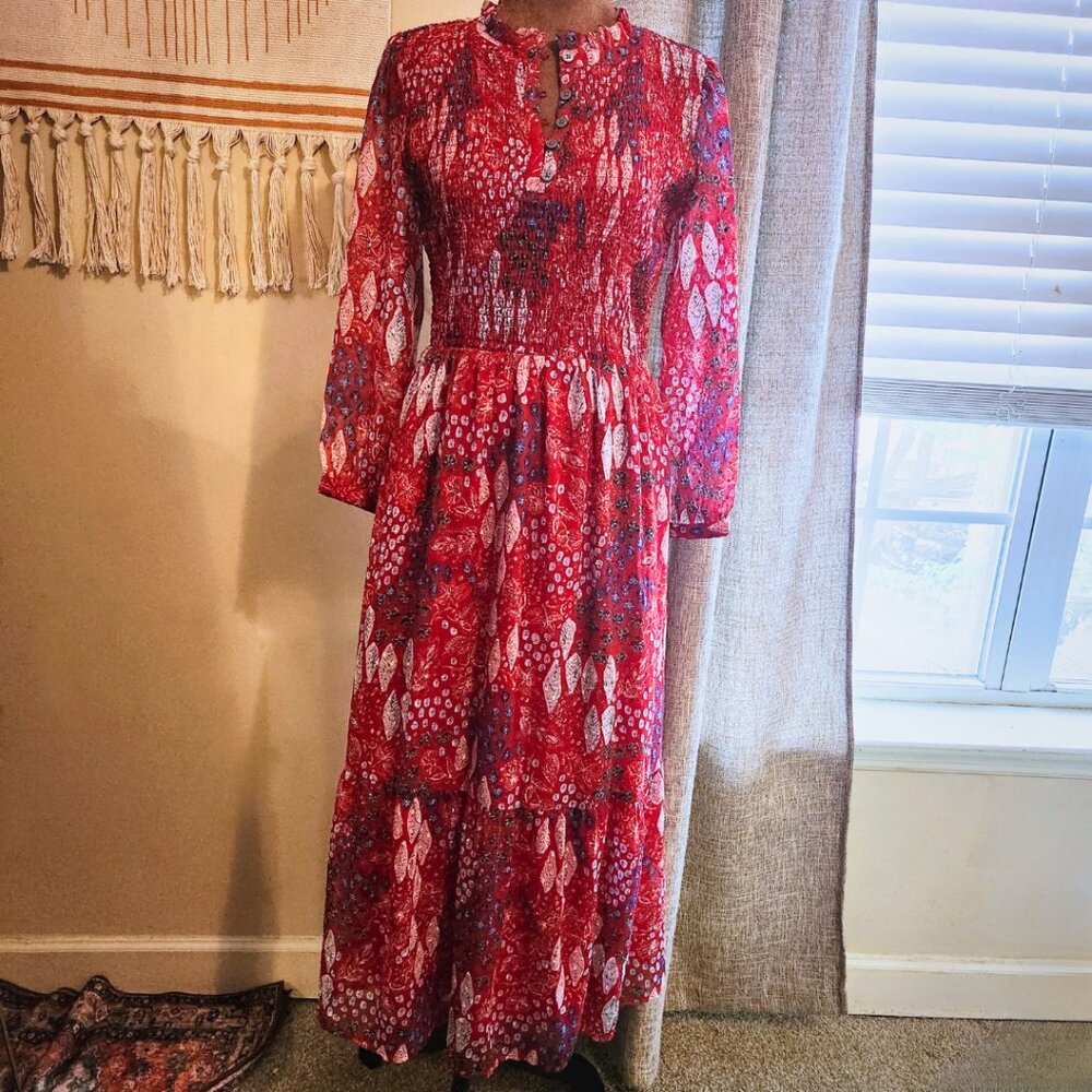 Loft Stunning Red Abstract Print Maxi Dress | Fall Boho Glam | Size 0P
